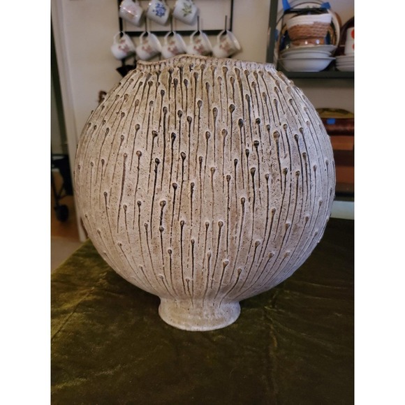 MCM 70s Round Ceramic Vase with Textured Drip Design Signed Pottery Decor